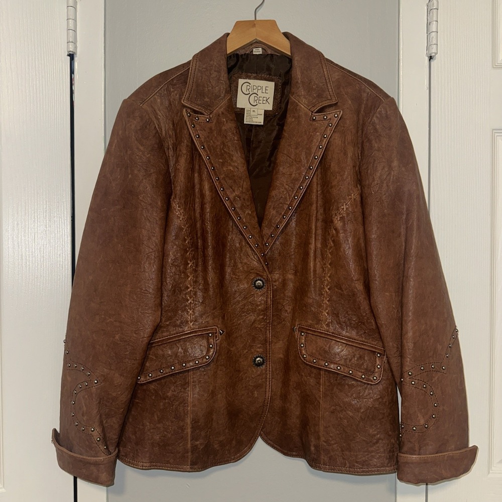 VTG Cripple Creek Western Leather Jacket Womens Studded Pebbled Rodeo Brown  XL